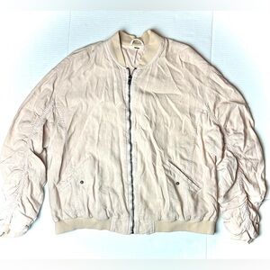 Free People Linen Blend Bomber Jacket in Pink Beige Womens Medium Ruched Zip‎ Up